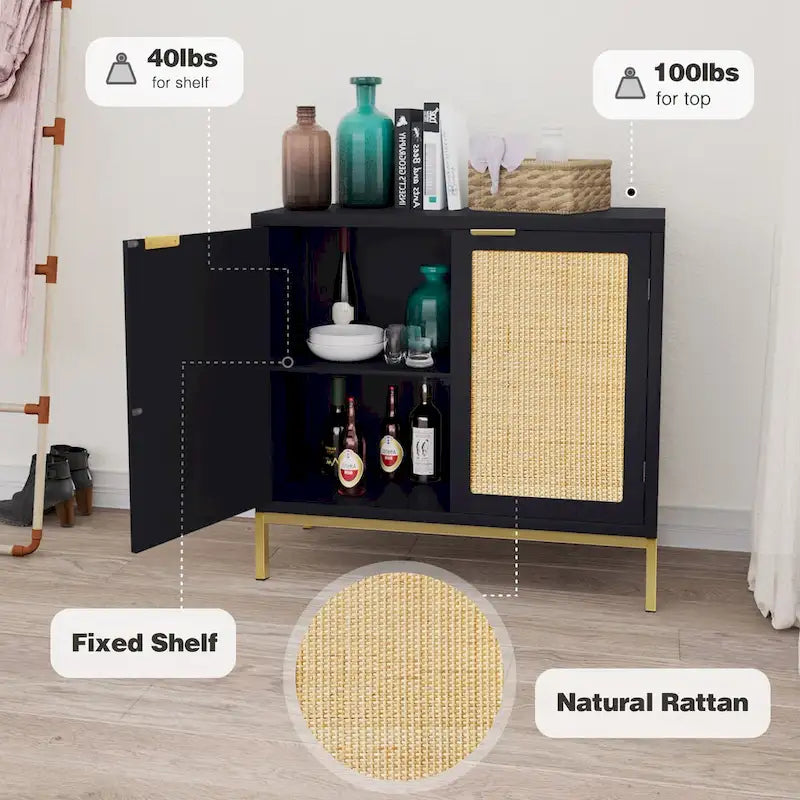 Anmytek Mid-Century Modern Black Wood Rattan Buffet Sideboard Accent Cabinet with 2 Doors