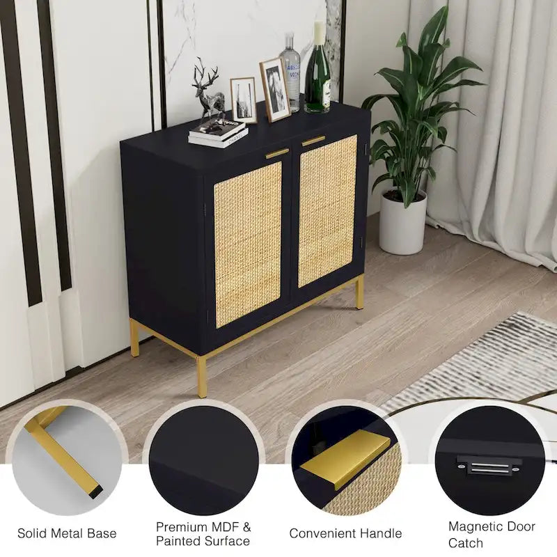 Anmytek Mid-Century Modern Black Wood Rattan Buffet Sideboard Accent Cabinet with 2 Doors
