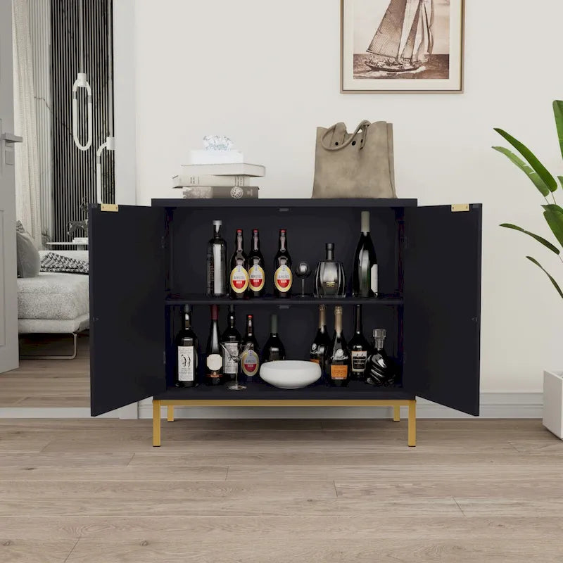 Anmytek Mid-Century Modern Black Wood Rattan Buffet Sideboard Accent Cabinet with 2 Doors