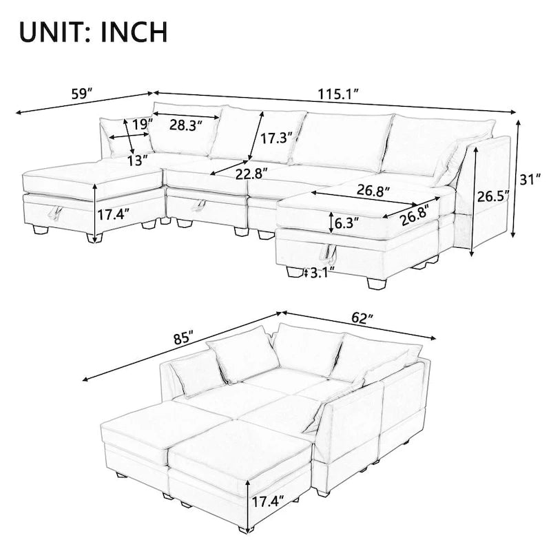 Modern Large U-Shape Modular Sectional Sofa, Convertible Sofa Bed with Reversible Chaise for Living Room, Storage Seat