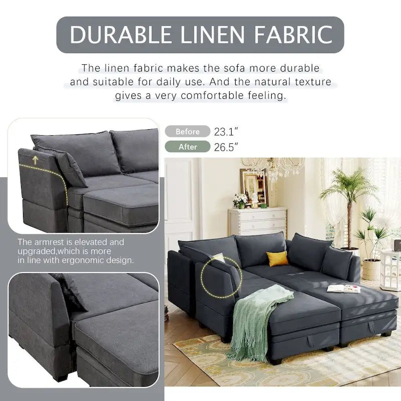 Modern Large U-Shape Modular Sectional Sofa, Convertible Sofa Bed with Reversible Chaise for Living Room, Storage Seat