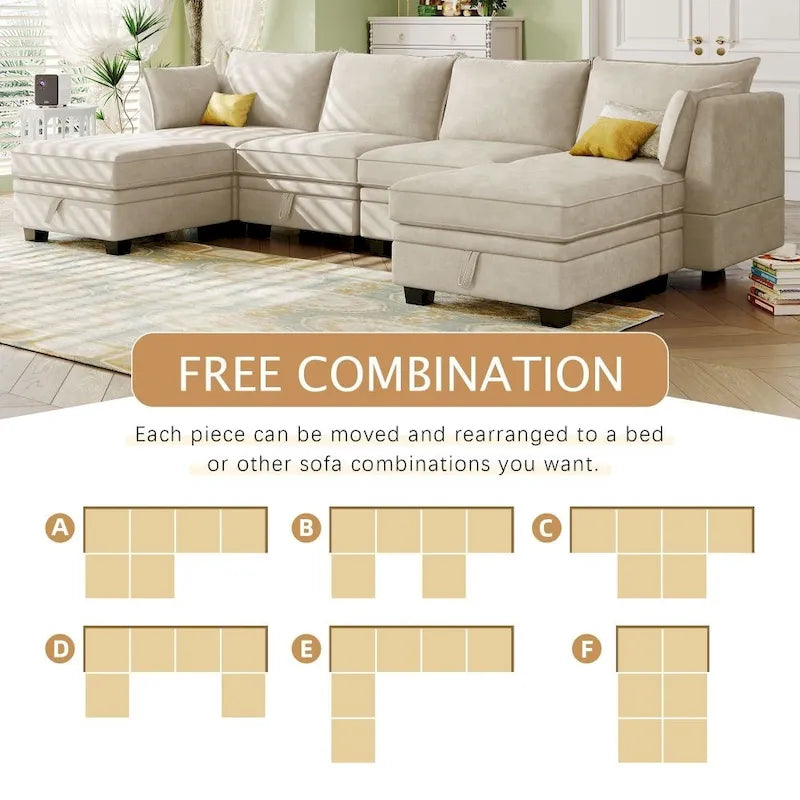 Modern Large U-Shape Modular Sectional Sofa, Convertible Sofa Bed with Reversible Chaise for Living Room, Storage Seat