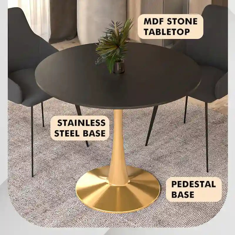 LeisureMod Bristol 35 Round Dining Table for 4 with MDF Tabletop in Gold Steel Base for Kitchen & Dining Room