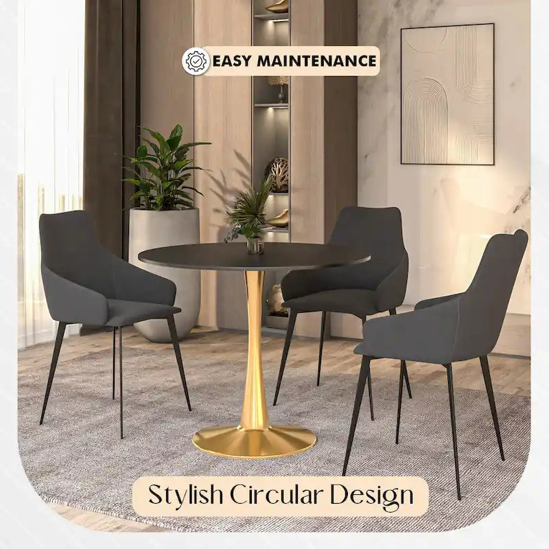 LeisureMod Bristol 35 Round Dining Table for 4 with MDF Tabletop in Gold Steel Base for Kitchen & Dining Room