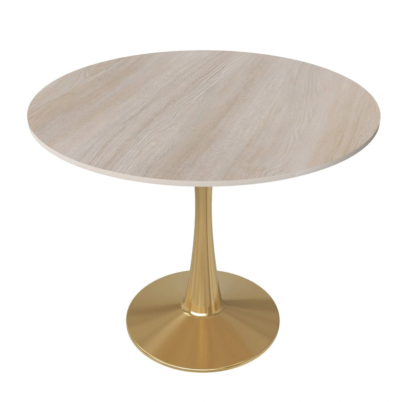 LeisureMod Bristol 35 Round Dining Table for 4 with MDF Tabletop in Gold Steel Base for Kitchen & Dining Room