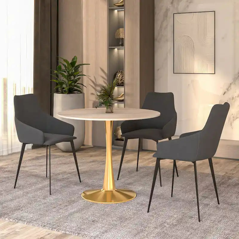 LeisureMod Bristol 35 Round Dining Table for 4 with MDF Tabletop in Gold Steel Base for Kitchen & Dining Room