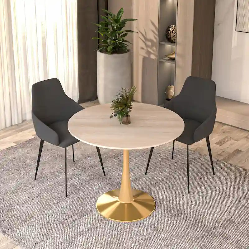 LeisureMod Bristol 35 Round Dining Table for 4 with MDF Tabletop in Gold Steel Base for Kitchen & Dining Room