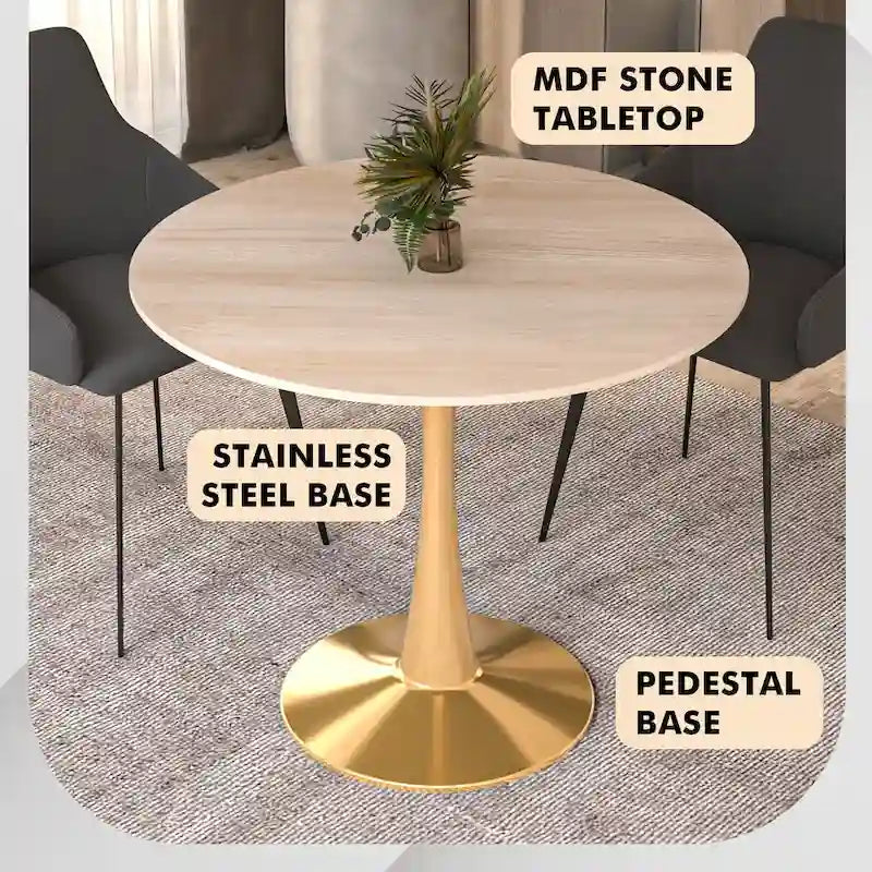 LeisureMod Bristol 35 Round Dining Table for 4 with MDF Tabletop in Gold Steel Base for Kitchen & Dining Room
