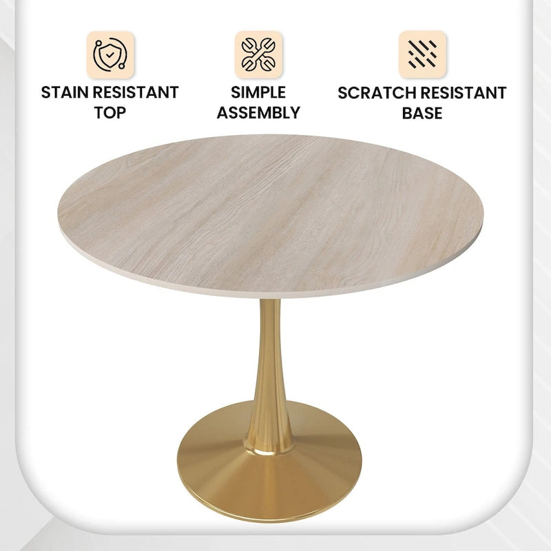 LeisureMod Bristol 35 Round Dining Table for 4 with MDF Tabletop in Gold Steel Base for Kitchen & Dining Room