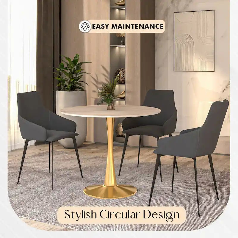 LeisureMod Bristol 35 Round Dining Table for 4 with MDF Tabletop in Gold Steel Base for Kitchen & Dining Room