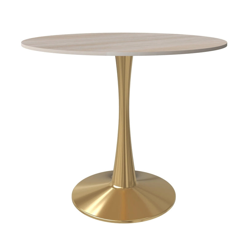 LeisureMod Bristol 35 Round Dining Table for 4 with MDF Tabletop in Gold Steel Base for Kitchen & Dining Room