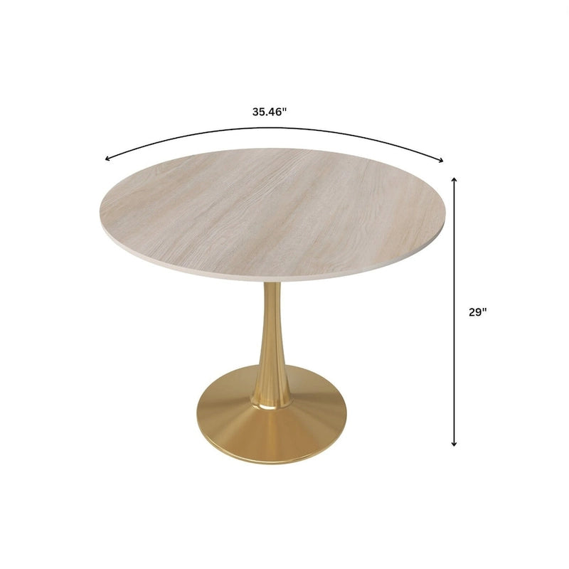 LeisureMod Bristol 35 Round Dining Table for 4 with MDF Tabletop in Gold Steel Base for Kitchen & Dining Room