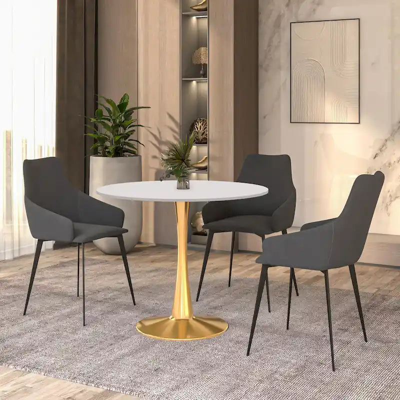 LeisureMod Bristol 35 Round Dining Table for 4 with MDF Tabletop in Gold Steel Base for Kitchen & Dining Room