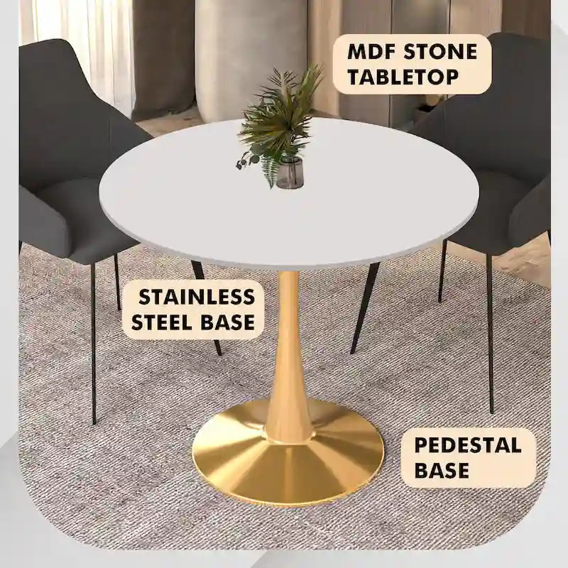 LeisureMod Bristol 35 Round Dining Table for 4 with MDF Tabletop in Gold Steel Base for Kitchen & Dining Room