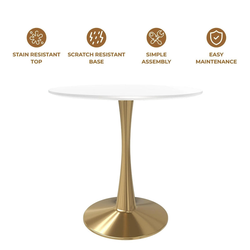 LeisureMod Bristol 35 Round Dining Table for 4 with MDF Tabletop in Gold Steel Base for Kitchen & Dining Room
