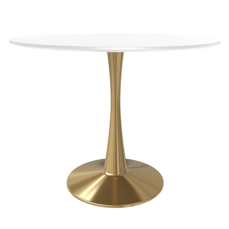 LeisureMod Bristol 35 Round Dining Table for 4 with MDF Tabletop in Gold Steel Base for Kitchen & Dining Room