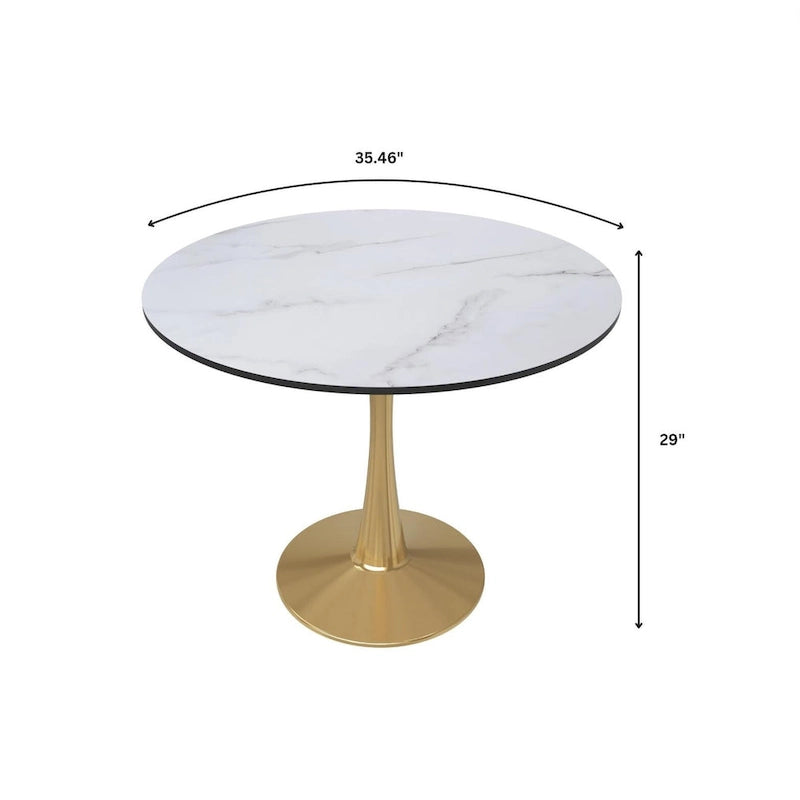 LeisureMod Bristol 35 Round Dining Table for 4 with MDF Tabletop in Gold Steel Base for Kitchen & Dining Room