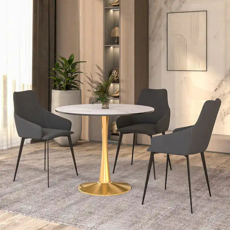 LeisureMod Bristol 35 Round Dining Table for 4 with MDF Tabletop in Gold Steel Base for Kitchen & Dining Room