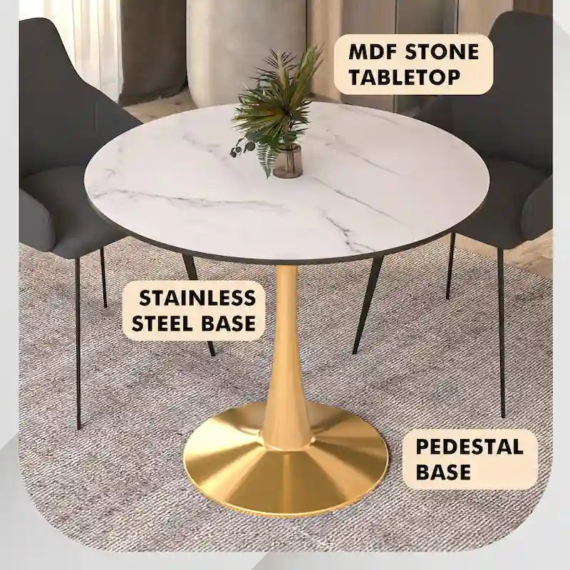 LeisureMod Bristol 35 Round Dining Table for 4 with MDF Tabletop in Gold Steel Base for Kitchen & Dining Room