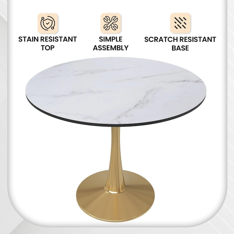 LeisureMod Bristol 35 Round Dining Table for 4 with MDF Tabletop in Gold Steel Base for Kitchen & Dining Room