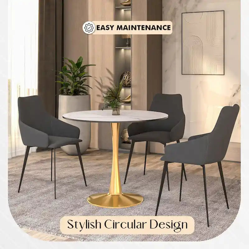 LeisureMod Bristol 35 Round Dining Table for 4 with MDF Tabletop in Gold Steel Base for Kitchen & Dining Room