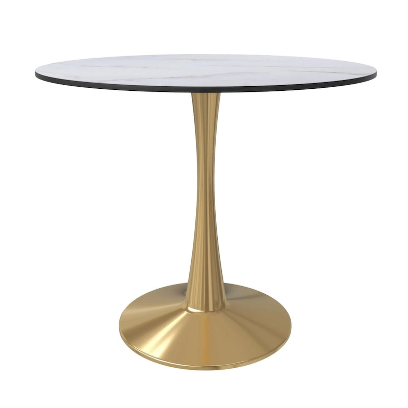 LeisureMod Bristol 35 Round Dining Table for 4 with MDF Tabletop in Gold Steel Base for Kitchen & Dining Room