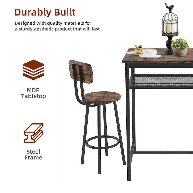 3-Piece Bar Table Set with Metal Shelf,Small Pub Table Set,Dining Set