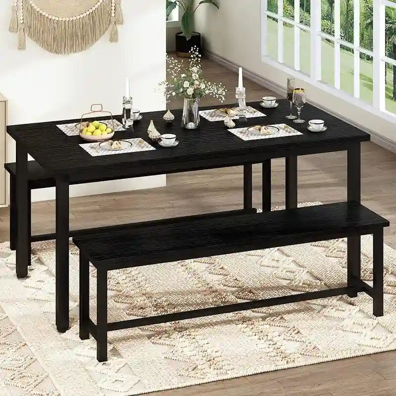 Industrial 3-Piece Dining Table Set, Retro Wood Kitchen Table Set with 2 Benches for Home Kitchen, Dining Room, Restaurant
