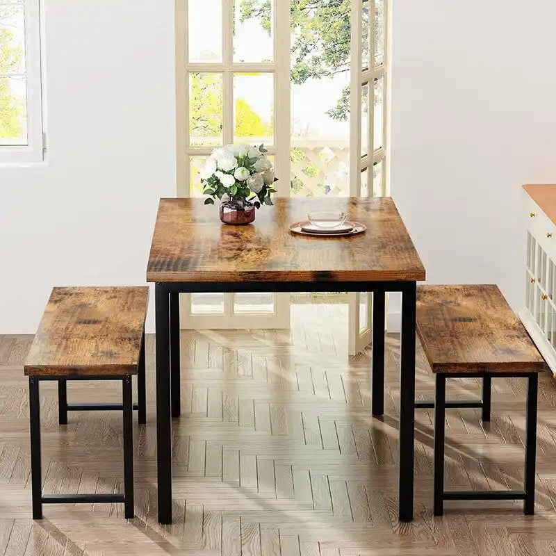 Industrial 3-Piece Dining Table Set, Retro Wood Kitchen Table Set with 2 Benches for Home Kitchen, Dining Room, Restaurant