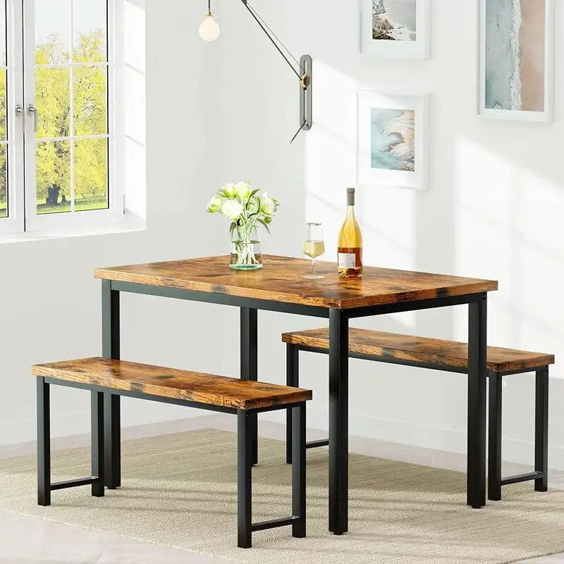 Industrial 3-Piece Dining Table Set, Retro Wood Kitchen Table Set with 2 Benches for Home Kitchen, Dining Room, Restaurant