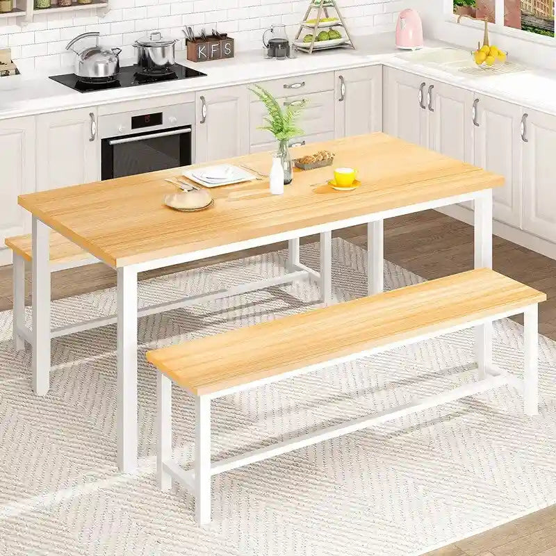 Industrial 3-Piece Dining Table Set, Retro Wood Kitchen Table Set with 2 Benches for Home Kitchen, Dining Room, Restaurant