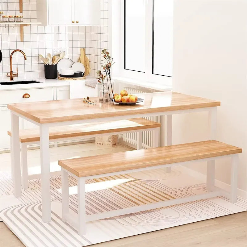 Industrial 3-Piece Dining Table Set, Retro Wood Kitchen Table Set with 2 Benches for Home Kitchen, Dining Room, Restaurant