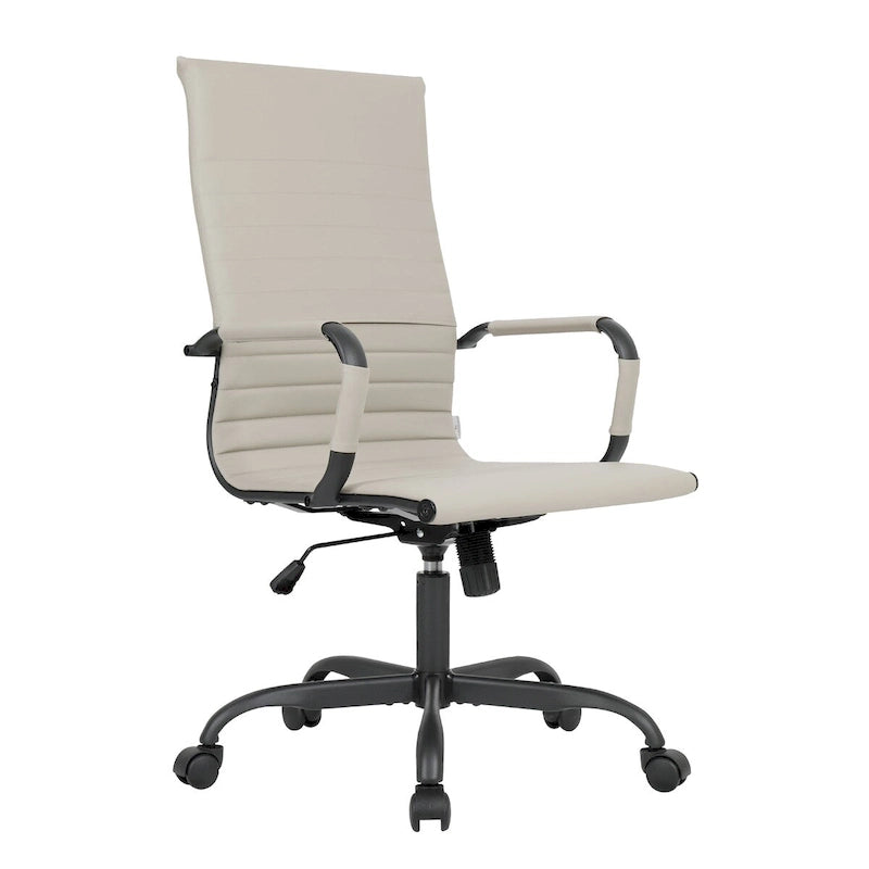 Harris Ribbed Leather Adjustable High-Back Office Swivel Chair in Black Metal Frame for Home Conference Desk Computer Chair