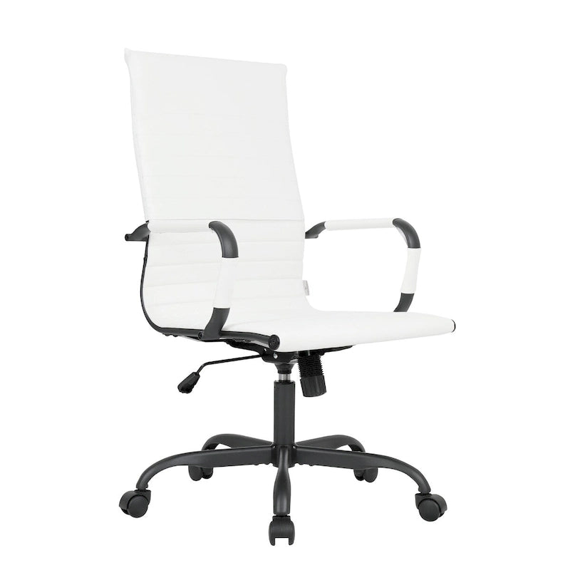 Harris Ribbed Leather Adjustable High-Back Office Swivel Chair in Black Metal Frame for Home Conference Desk Computer Chair