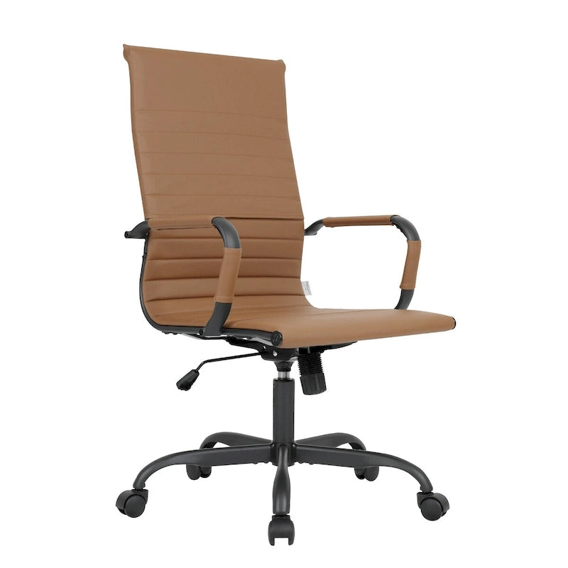 Harris Ribbed Leather Adjustable High-Back Office Swivel Chair in Black Metal Frame for Home Conference Desk Computer Chair