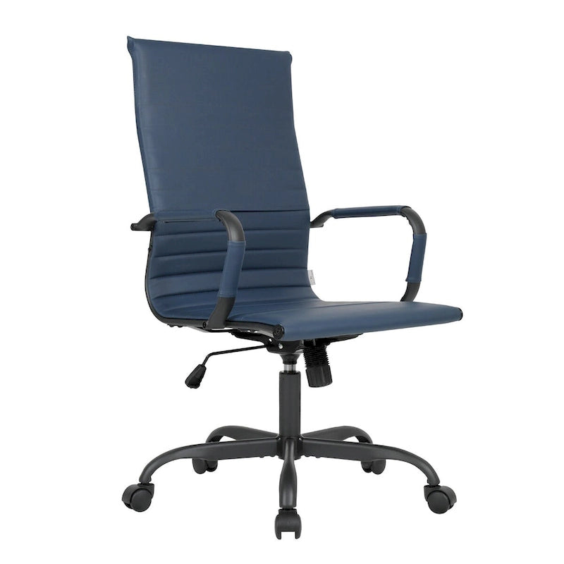 Harris Ribbed Leather Adjustable High-Back Office Swivel Chair in Black Metal Frame for Home Conference Desk Computer Chair