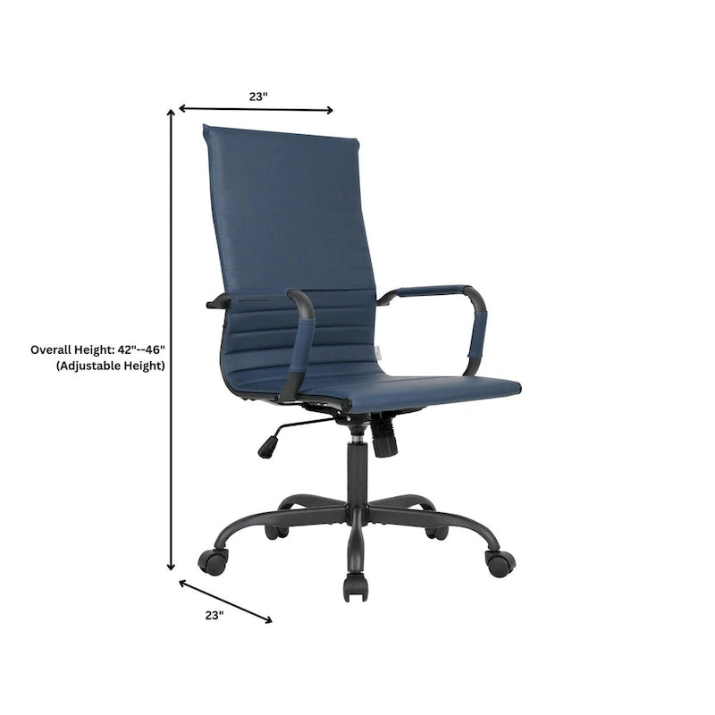 Harris Ribbed Leather Adjustable High-Back Office Swivel Chair in Black Metal Frame for Home Conference Desk Computer Chair