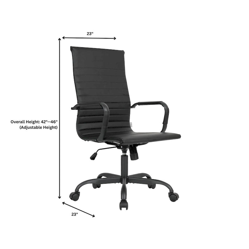 Harris Ribbed Leather Adjustable High-Back Office Swivel Chair in Black Metal Frame for Home Conference Desk Computer Chair