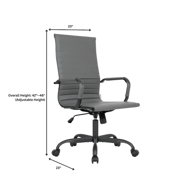 Harris Ribbed Leather Adjustable High-Back Office Swivel Chair in Black Metal Frame for Home Conference Desk Computer Chair