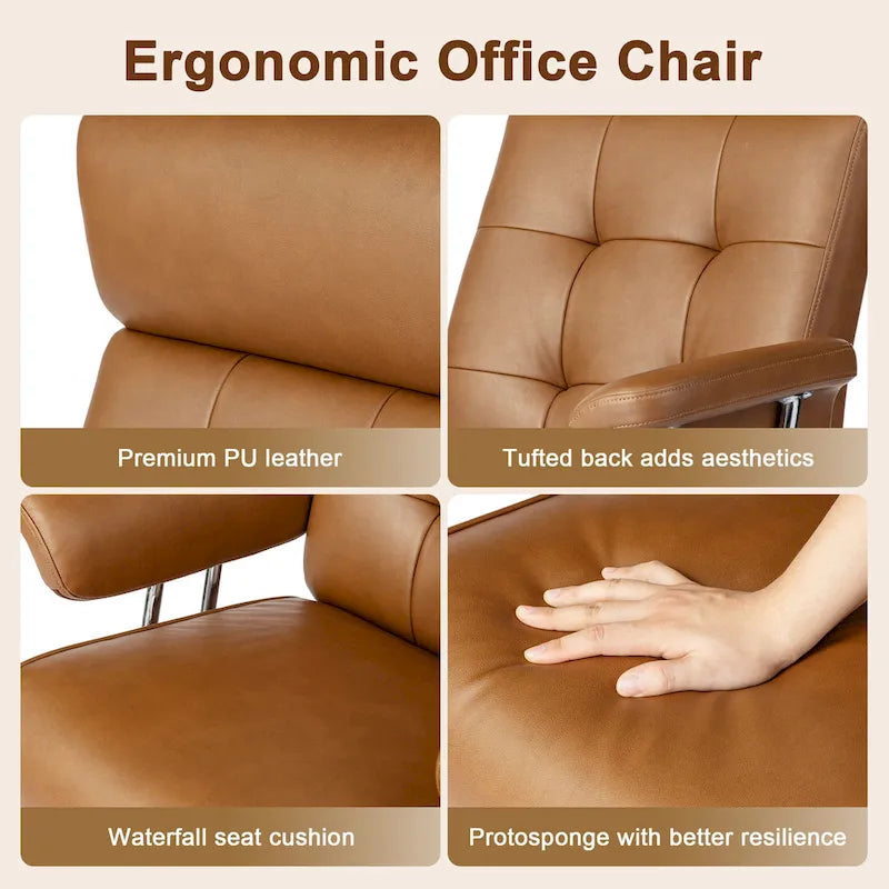 Glitzhome Mid-Century Modern Brown Leatherette Gaslift Adjustable Swivel High Back Office Chair with Armrest