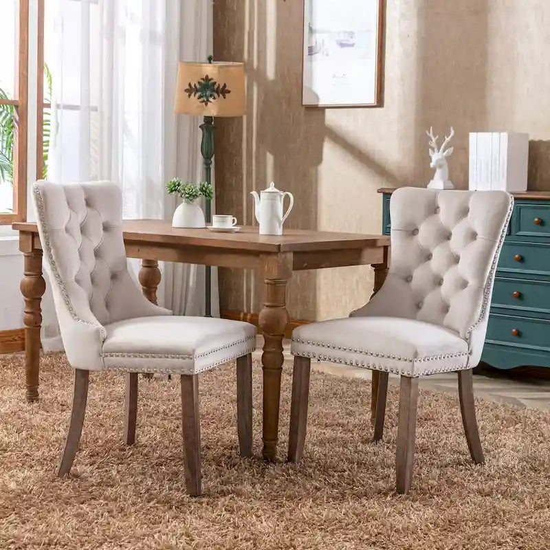 Set of 2 Velvet Tufted Upholstered Dining Chair with Wood Legs