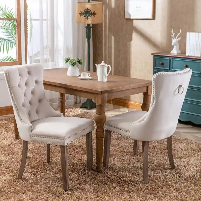 Set of 2 Velvet Tufted Upholstered Dining Chair with Wood Legs