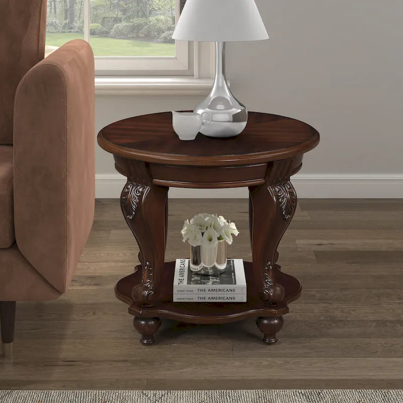 22 Round End Table,Solid Wood Sofa Side Table with Shelf,Living Room Corner Table Easy Assemble
