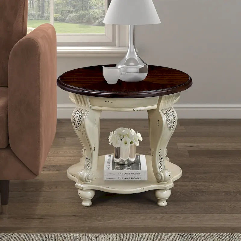 22 Round End Table,Solid Wood Sofa Side Table with Shelf,Living Room Corner Table Easy Assemble